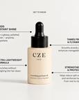 CZE Nourishing Perfume Oil benefits including instant shine, frizz control, lightweight nourishment and stronger-looking hair