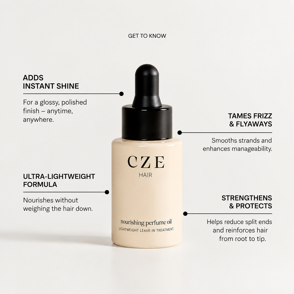 CZE Nourishing Perfume Oil benefits including instant shine, frizz control, lightweight nourishment and stronger-looking hair